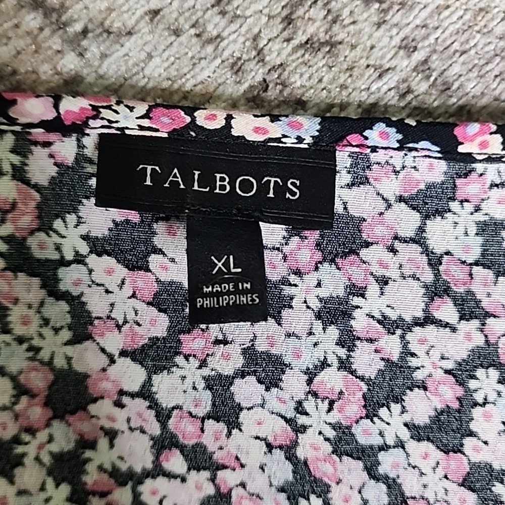 Talbots Top XL Floral Short Sleeve Blouse Keyhole Boho Crew Neck Pink Black - Picture 8 of 13